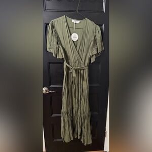 Petal & Pup Olive Green Wrap Midi Dress with Tie Waist